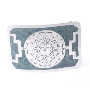 Alpaca, Belt Buckle, Silver Turquoise, Aztec Sun, Mexico, Vintage~ 250407-WH 160